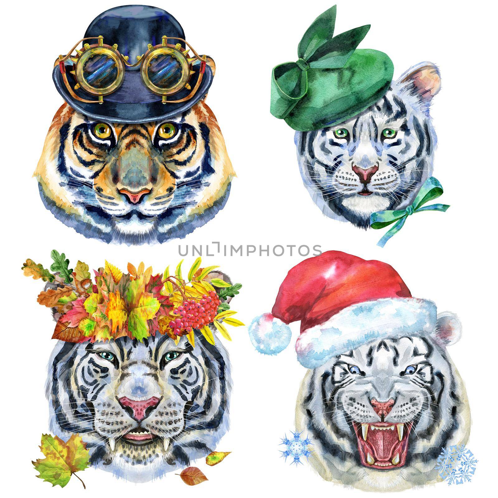 Watercolor illustration of tigers in Santa hat, in autumn wreath, green hat and bowler with googles