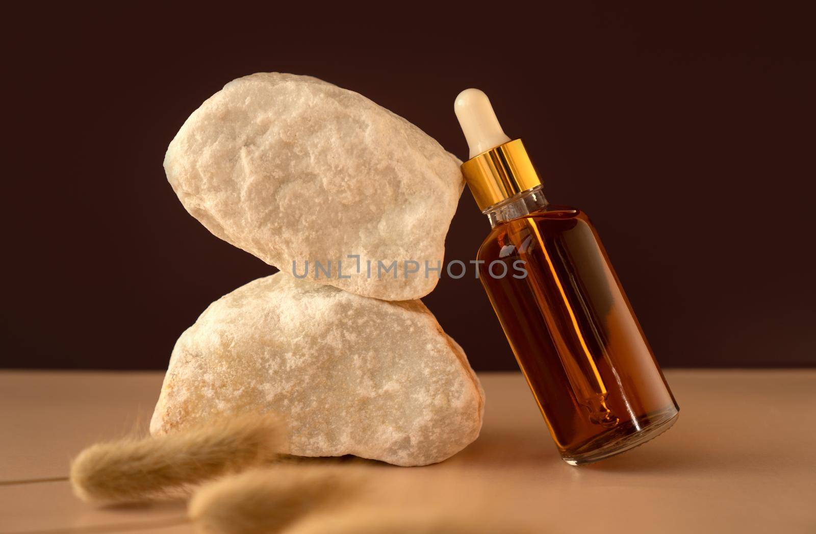 Transparent glass cosmetic dropper standing near stones and dry flowers on dark red and trendy beige background. Beauty composition. Concept of natural and original skincare products presentation.