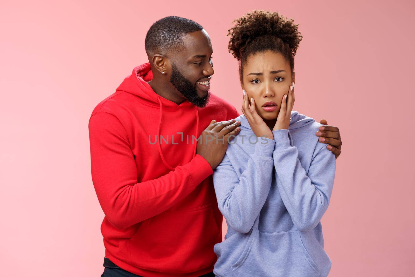 Boyfriend comforting worried nervous girlfriend attend dentist frowning touching face anxiously panicking man hugging girl touch shoulders smiling encourage, look supportive assuring all okay by Benzoix