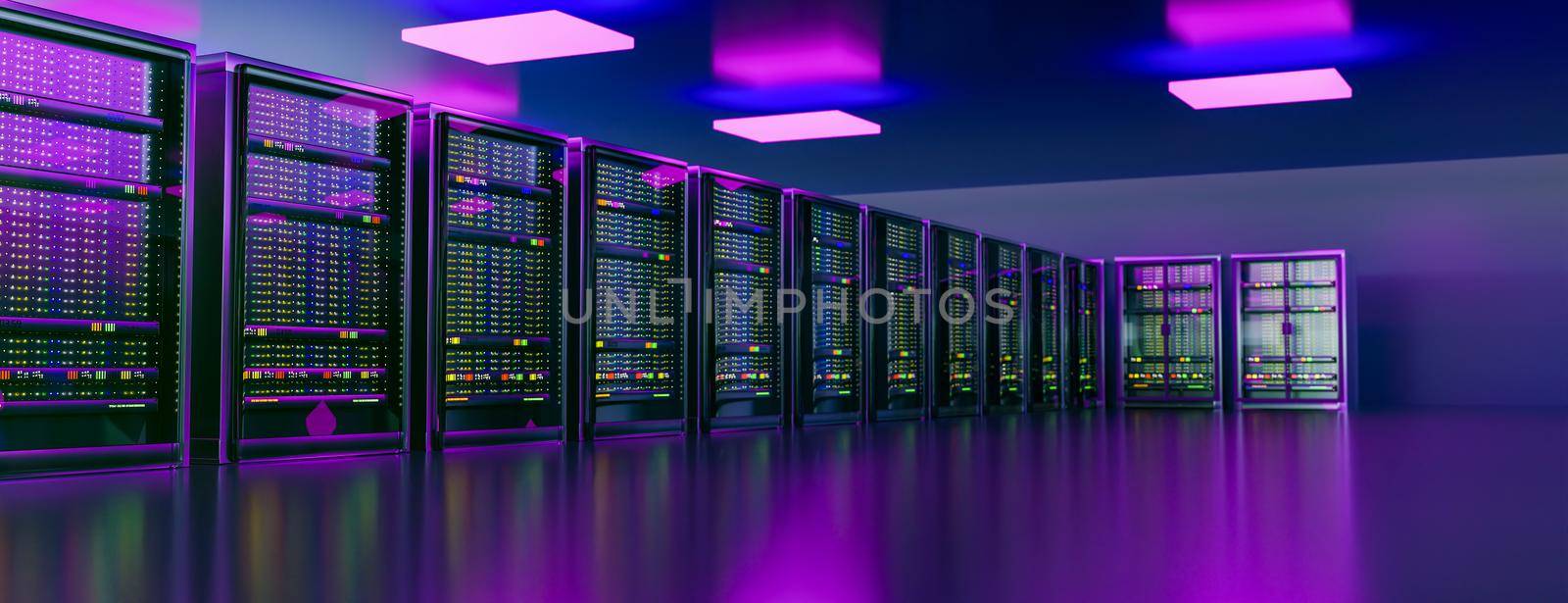 Servers. Server racks in server room cloud data center. Datacenter hardware cluster. Backup, hosting, mainframe, mining, farm and computer rack with storage information. 3D rendering. 3D illustration