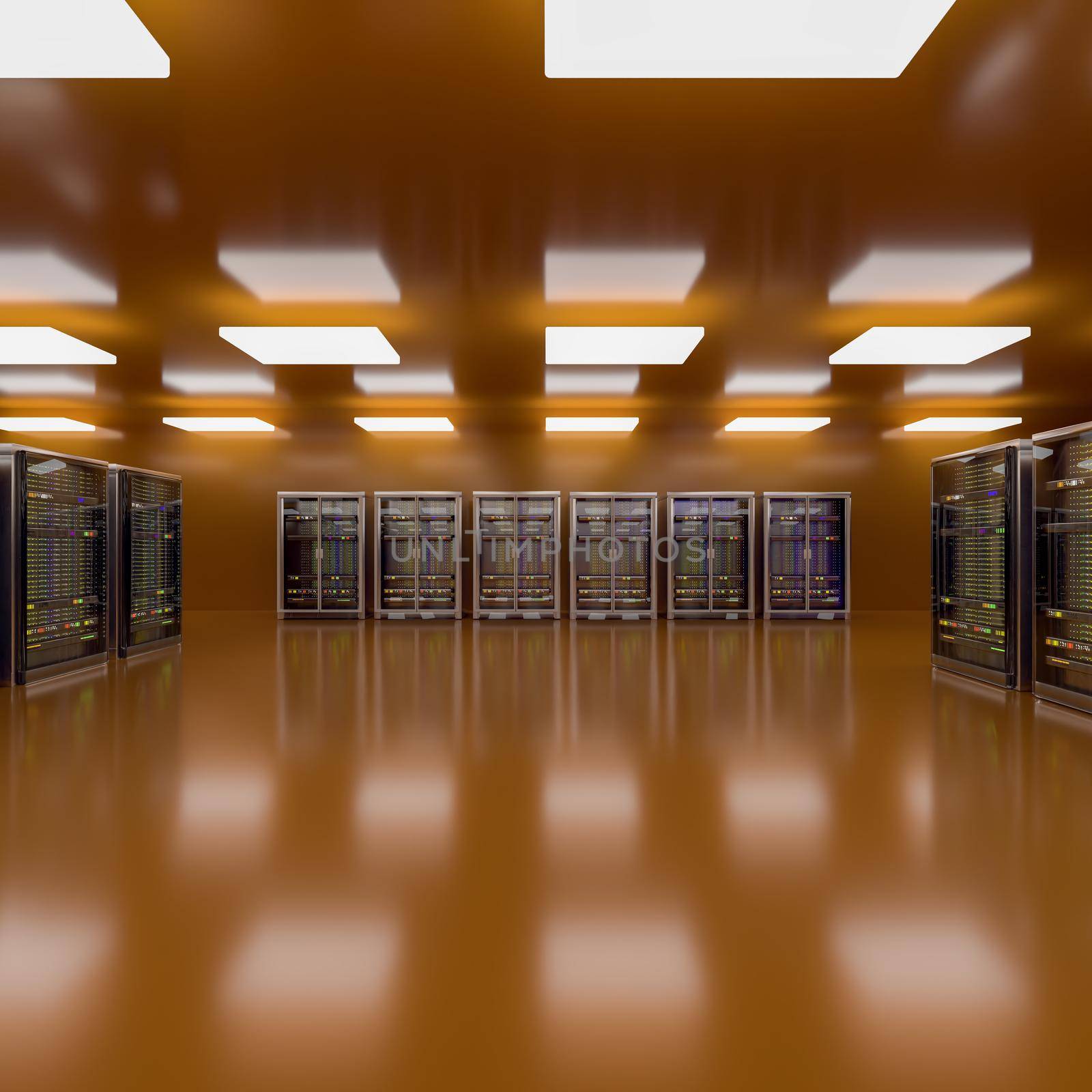 Server. Server room data center. Backup, mining, hosting, mainframe, farm and computer rack with storage information. Square. 3d render by kwarkot