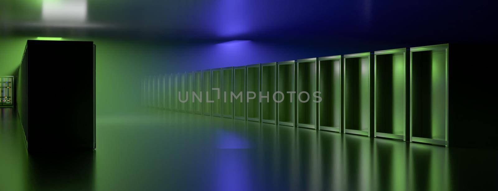 Servers. Server racks in server room cloud data center. Datacenter hardware cluster. Backup, hosting, mainframe, mining, farm and computer rack with storage information. 3D rendering. 3D illustration