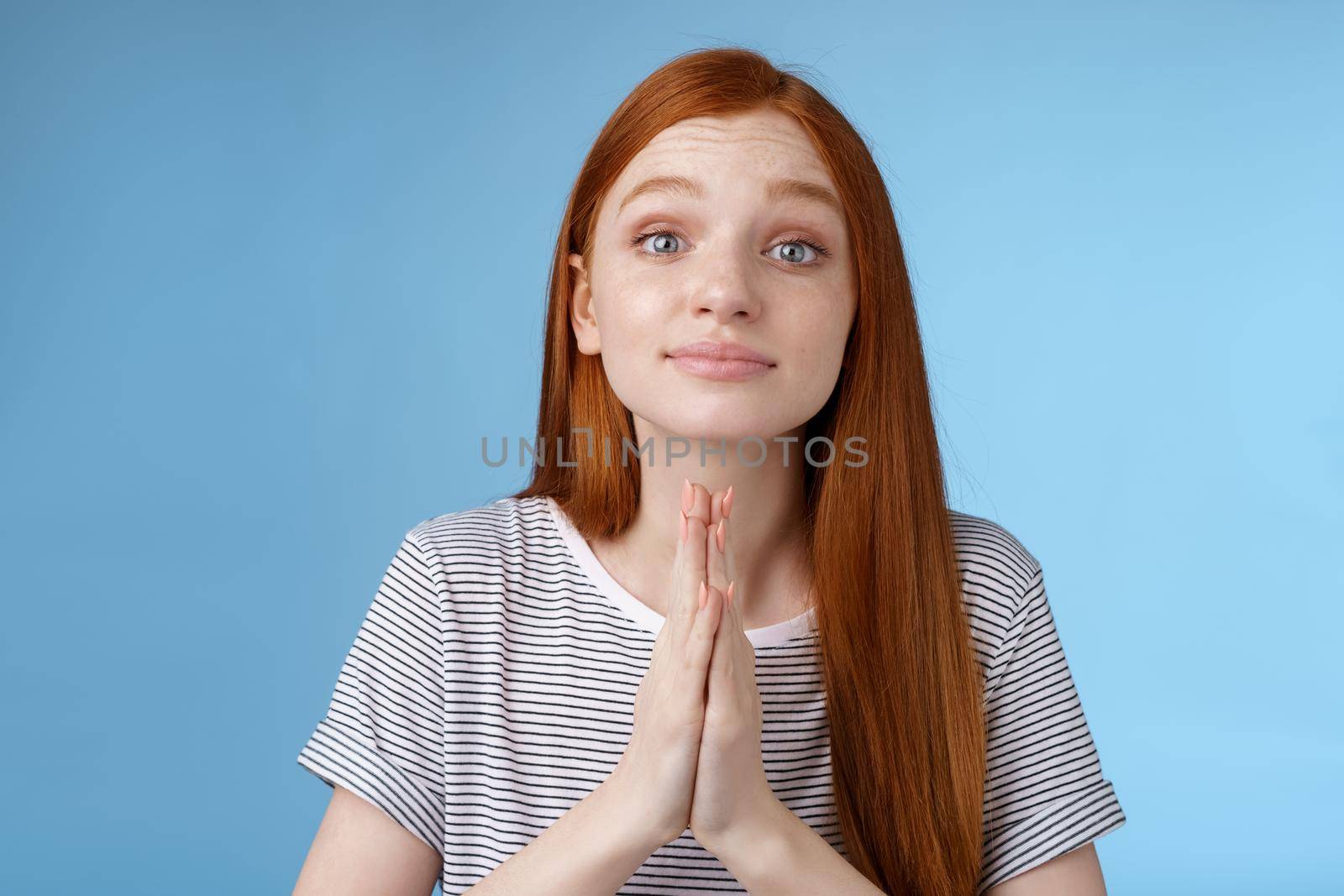 Clingy cute nice redhead european girl asking favour cup hands together pray gesture say please anticipating agree or approval pleading begging help standing blue background. Copy space
