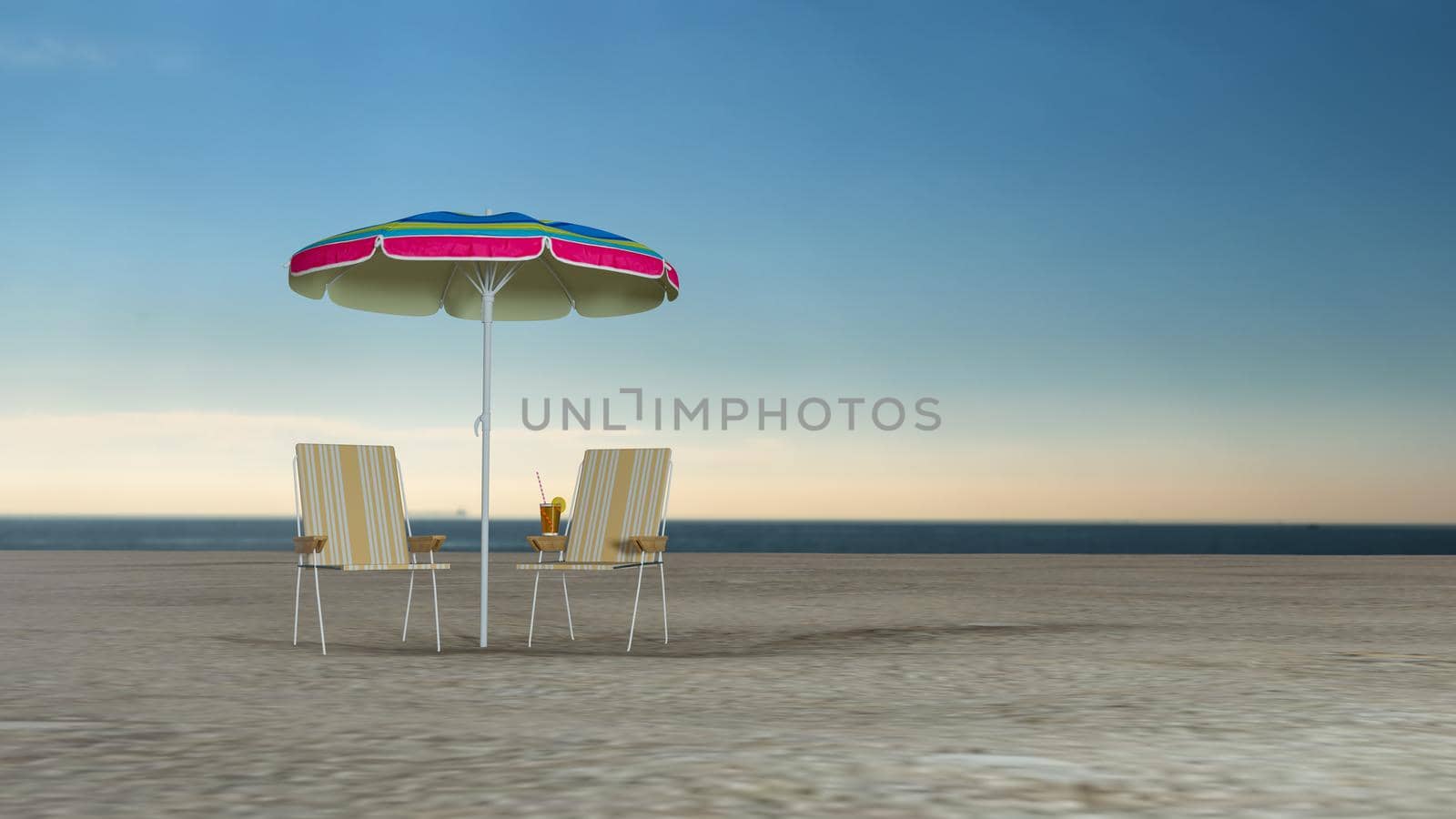 Summer vacation concept. Beach umbrella, chairs and cocktail on green background with copyspace. 3d illustration