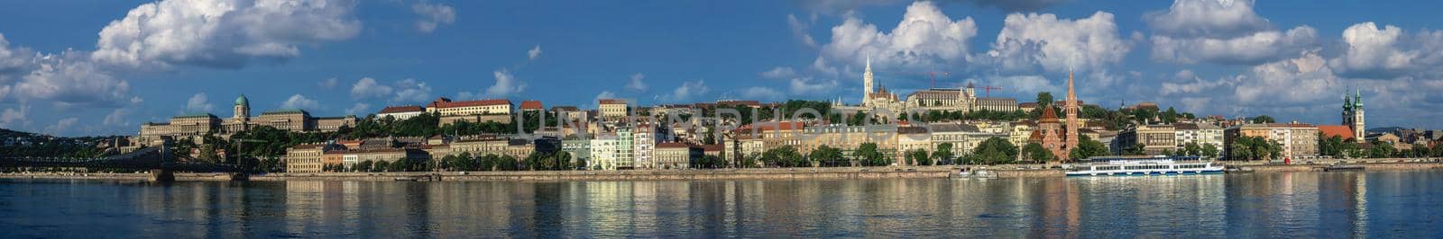 Budapest, Hungary 18.08.2021. Panoramic view of the Danube river and the embankment of Buda on a sunny summer morning