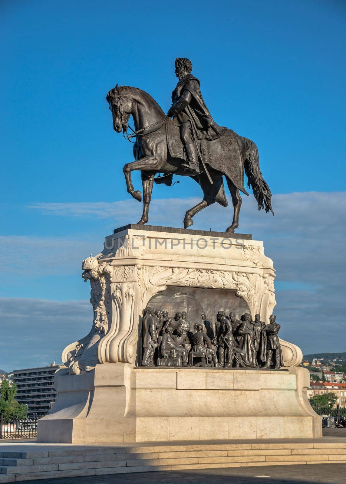 Budapest, Hungary 18.08.2021. Monument to Gyula Andrassy on the embankment of Pest in Budapest, Hungary, on a sunny summer morning