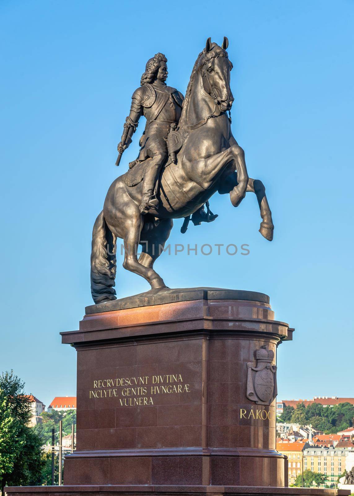 Budapest, Hungary 18.08.2021. Equestrian statue of Rakoczi Ferenc in Budapest, Hungary, on a sunny summer morning