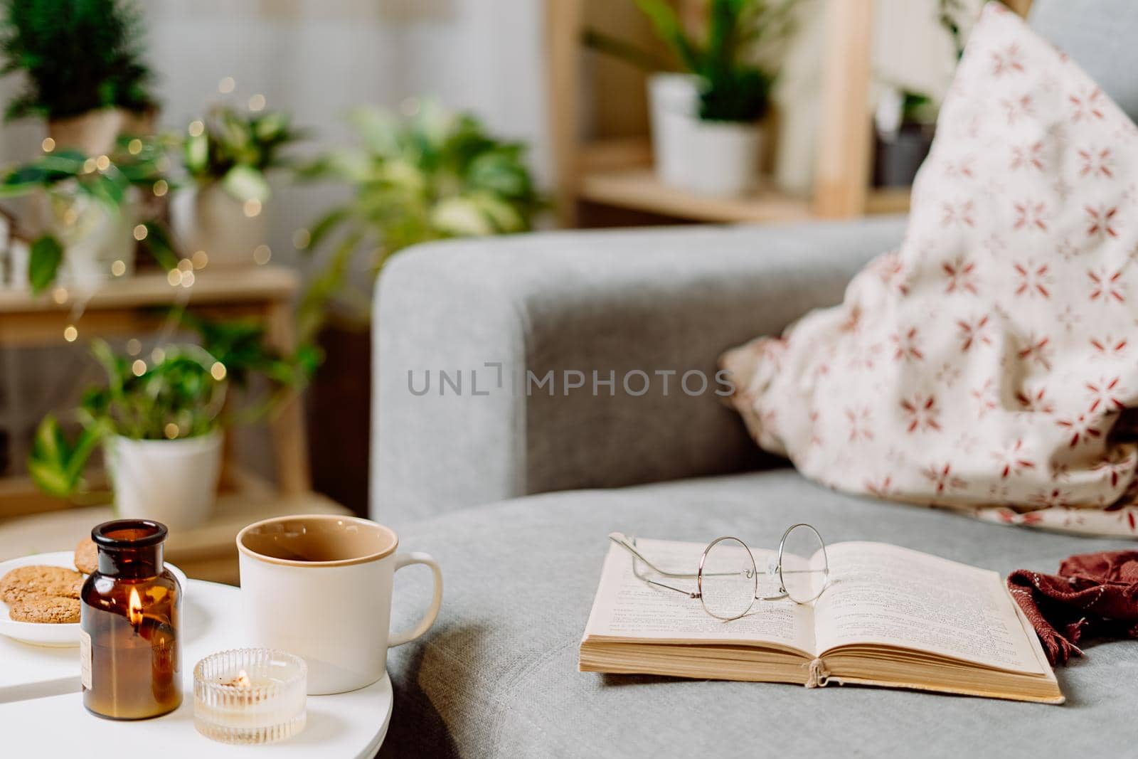 Book on Stylish Christmas room interior with indoor plants, light and decor. Winters holiday with cup of hot coca or coffee, cookies, book and candles. Autumn Cozy home with plaid