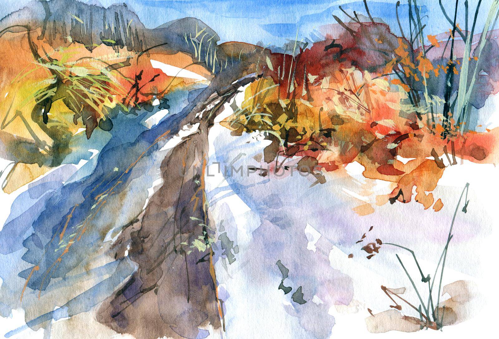 Winter landscape with snow, road, trees and sunshine - watercolor hand-made painting