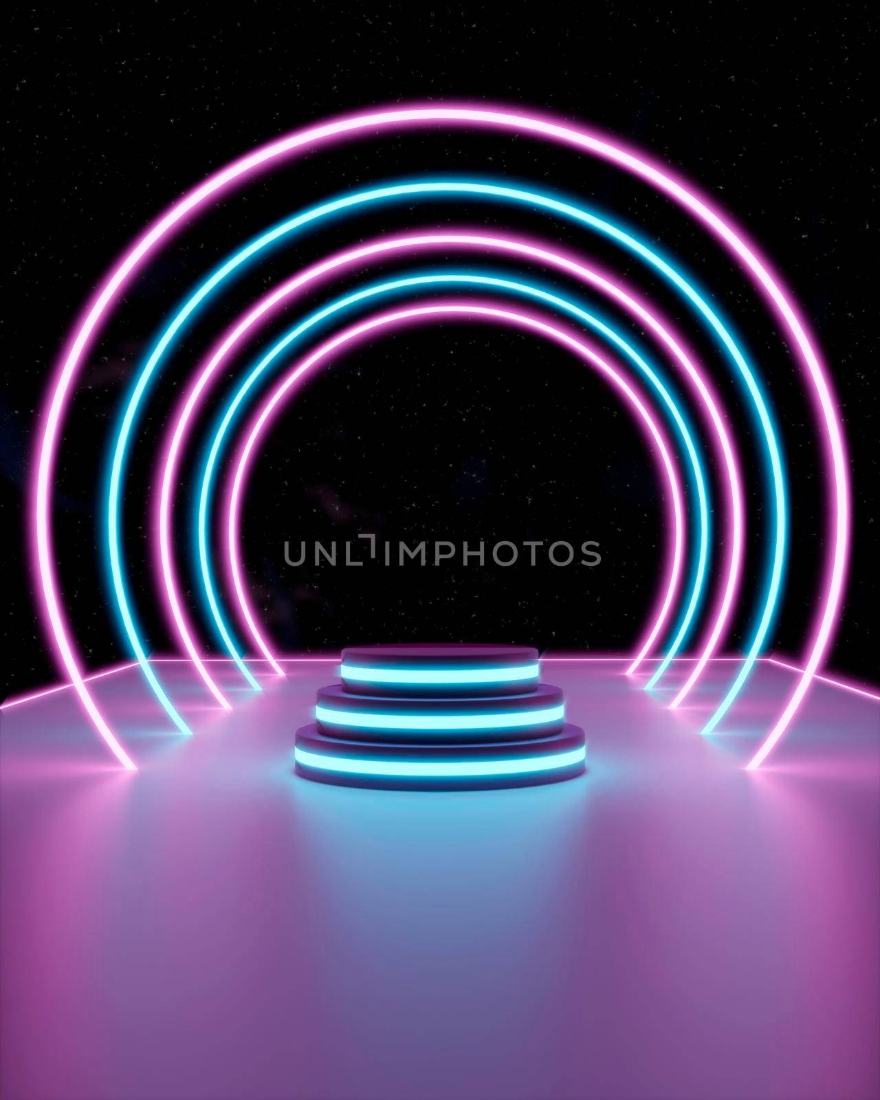 3d illustration, glowing podiums on an abstract cosmic neon background glowing laser arcs on platform by raferto1973
