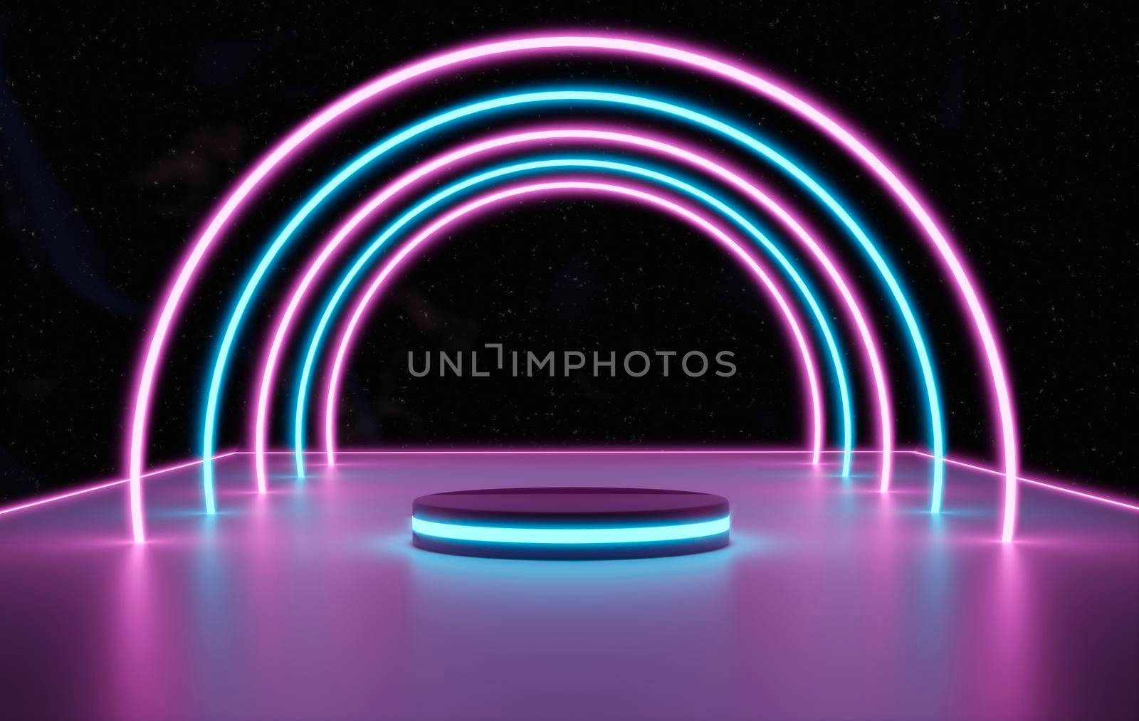 3d illustration, glowing podiums on an abstract cosmic neon background glowing laser arcs on platform by raferto1973