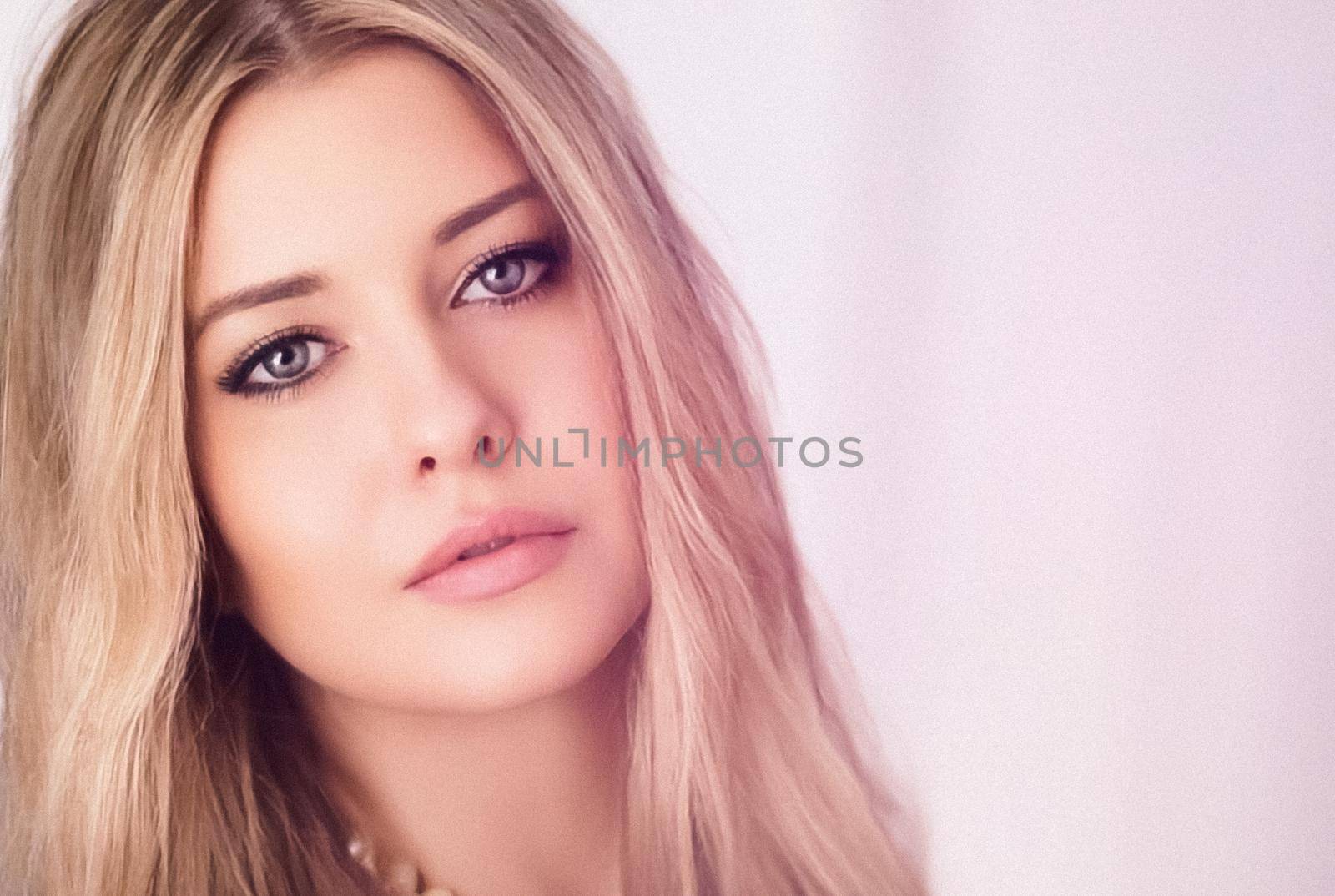 Beauty, makeup and glamour look. Beautiful blonde woman with long hairstyle and smokey eyes evening make-up, closeup fashion portrait with retro film grain effect.