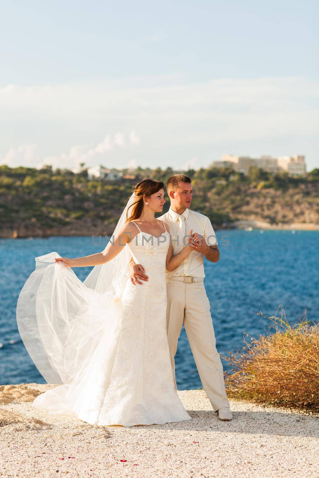 Bride and groom on a romantic moment on nature. Stylish wedding couple outdoors by Satura86