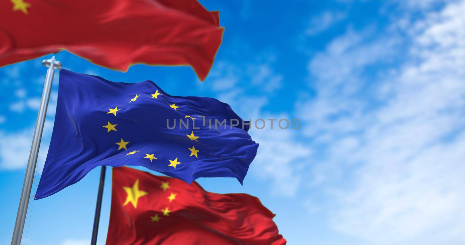 The flags of China and the European Union waving by rarrarorro