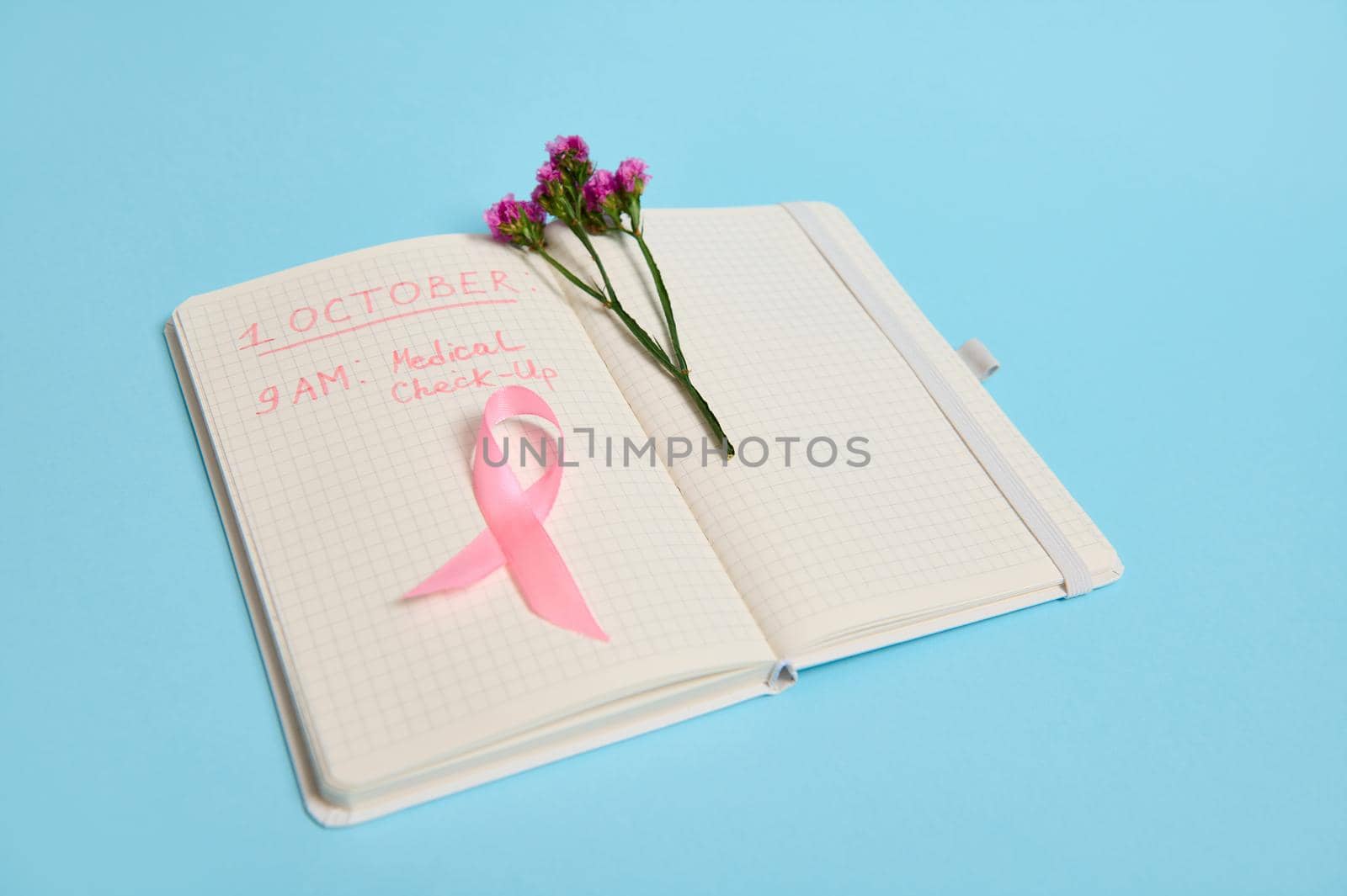 Flowers and pink ribbon, symbol of Breast Cancer Awareness Day, lying on a page with a line of notepad with inscriptions reminding of a medical check-up . October 1st, International Breast Cancer Day