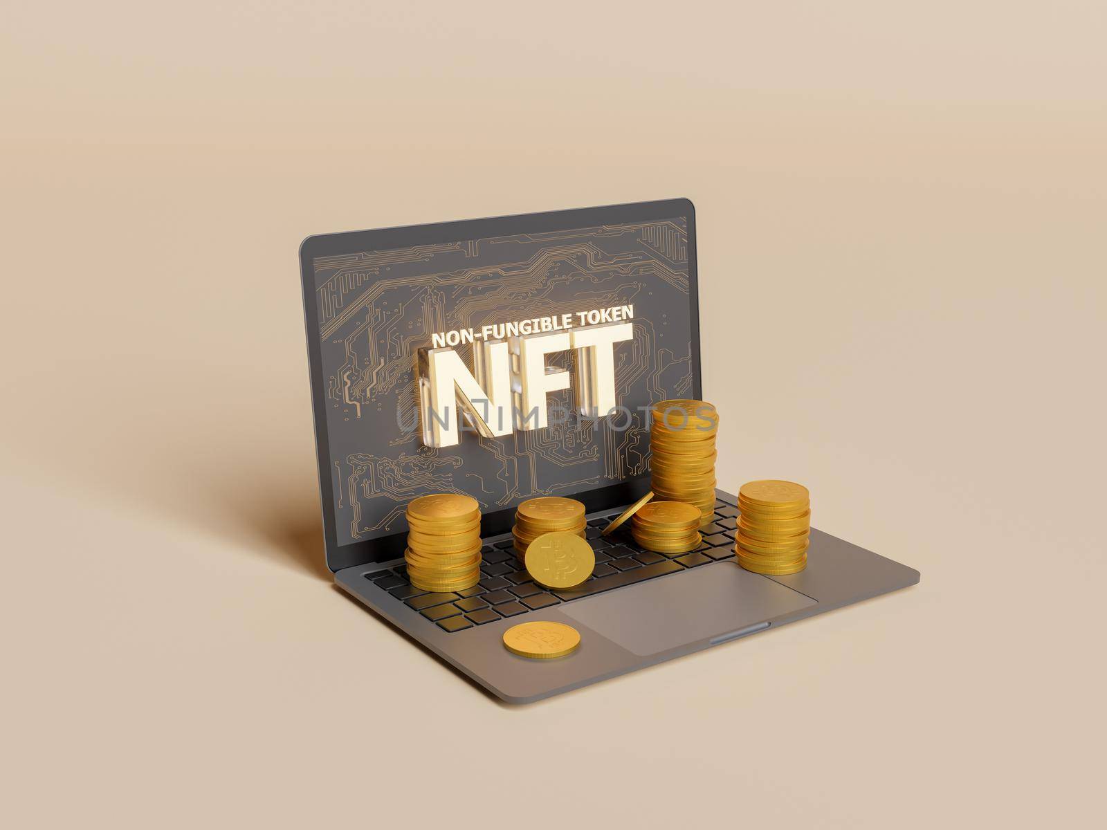 laptop with the word NFT illuminated on the screen and bitcoin stacks on the keyboard. concept of metaverse, nft, play to earn, crypto, blockchain and technology. 3d rendering