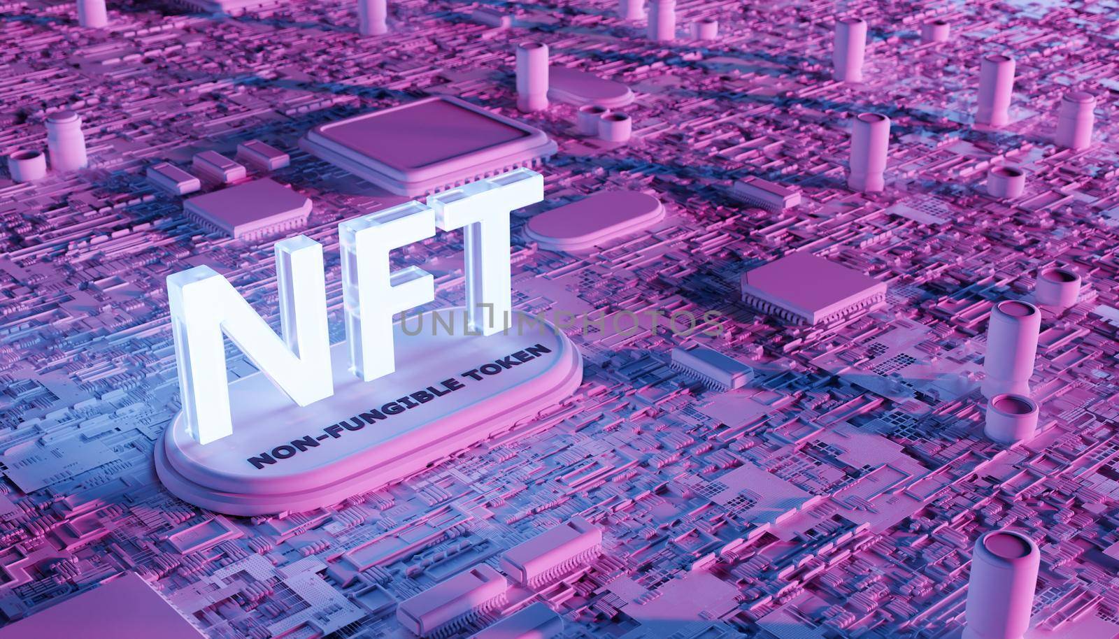 NFT word on a motherboard full of components and neon lighting. metaverse concept, nft, play to earn, crypto, blockchain and technology. 3d rendering