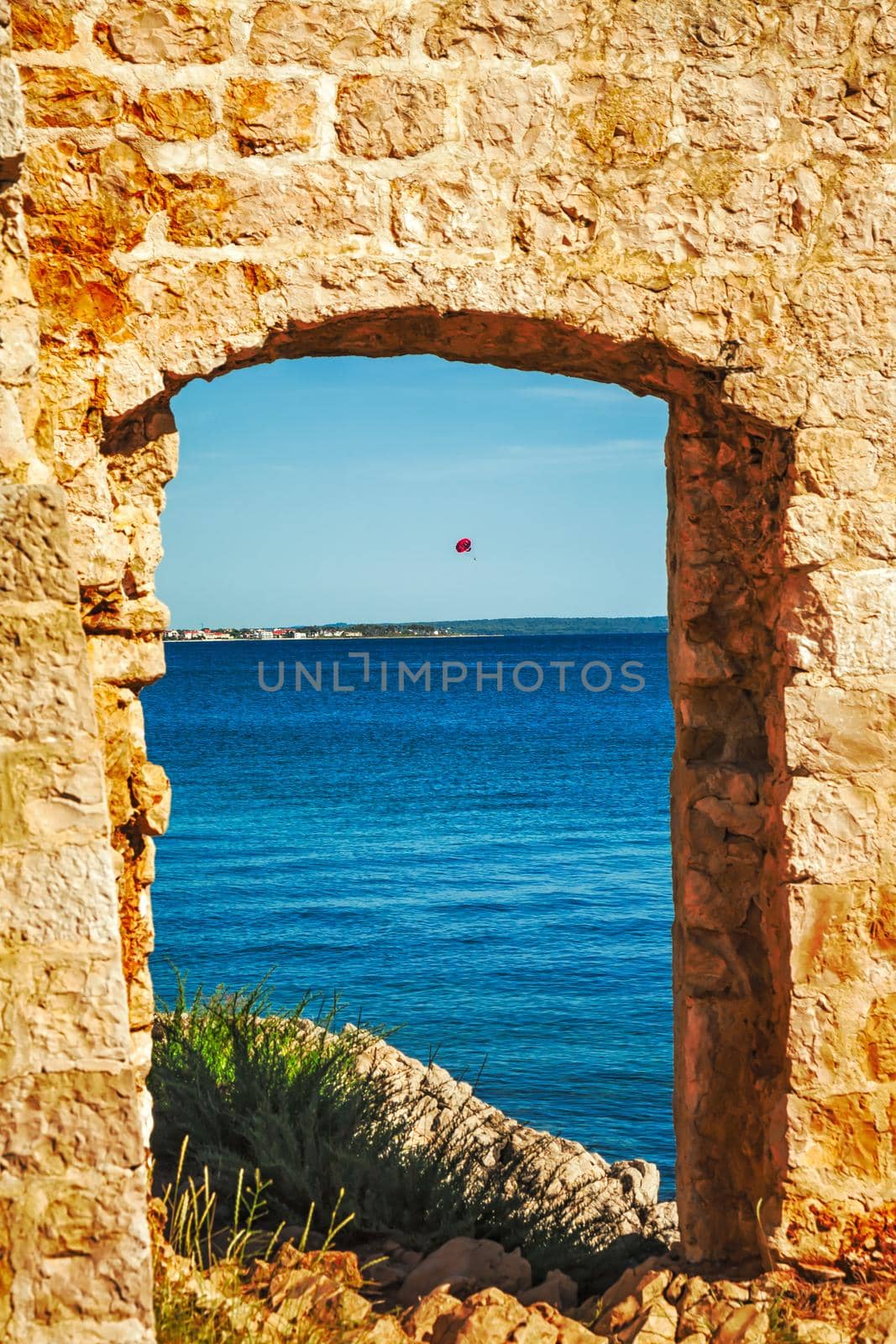 View on sea from Kastelina castle, fortress ruins on Vir island, Croatia, Europe. Summer time.