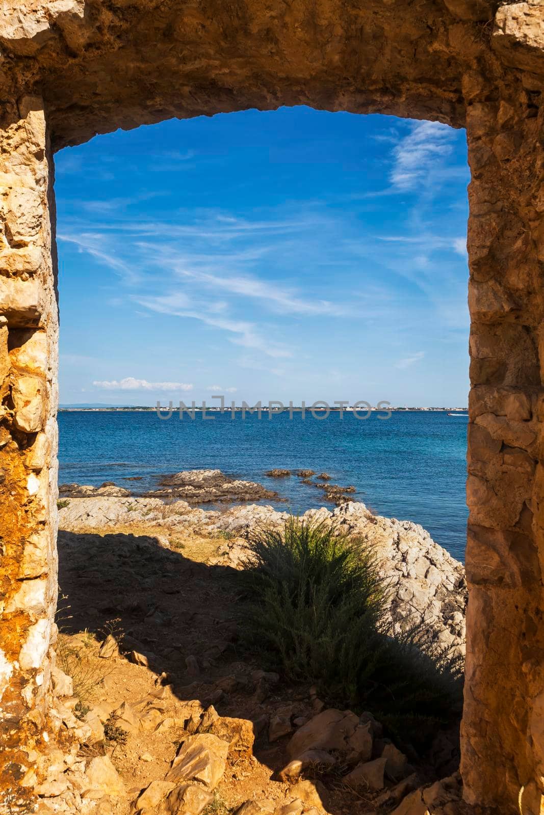 View on sea from Kastelina castle, fortress ruins on Vir island, Croatia, Europe. Summer time.