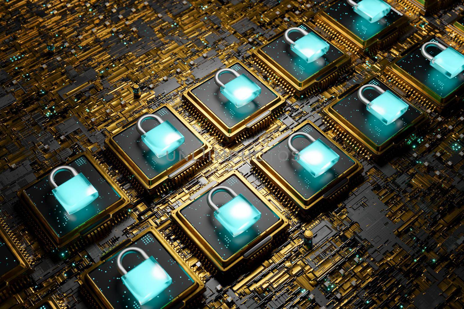 close-up of microchip padlocks on a golden electronic board. concept of blockchain technology, security, nft, crypto and metaverse. 3d rendering