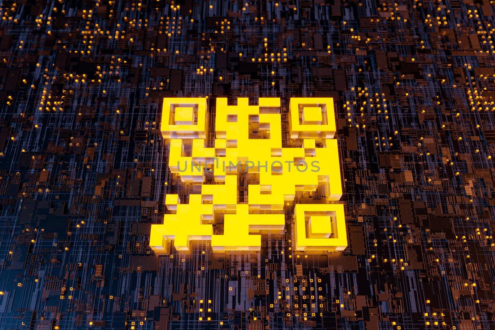 3d QR code on abstract electronic board. technology concept, link, online and immunization certificate. 3d rendering