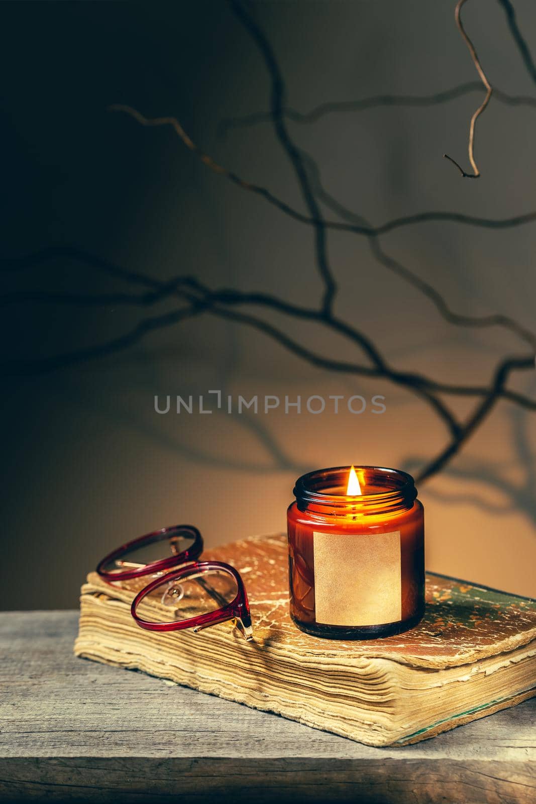 Vintage background with an old antique book, glasses and candle in a glass jar burning at night. Tree brunches and shadows make spooky dark academia atmosphere. Cozy fall season reading time