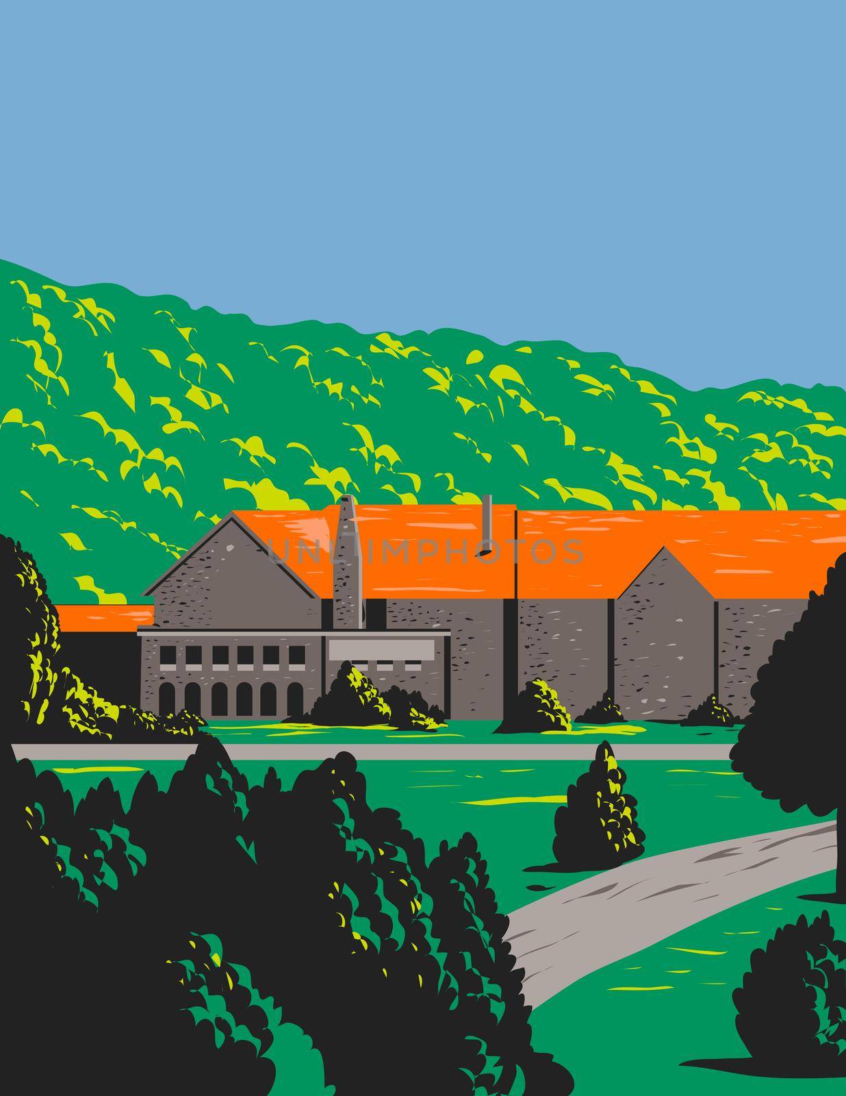 Stone Lodge with Red Roof and Trees in Front During Spring WPA Poster Art by patrimonio
