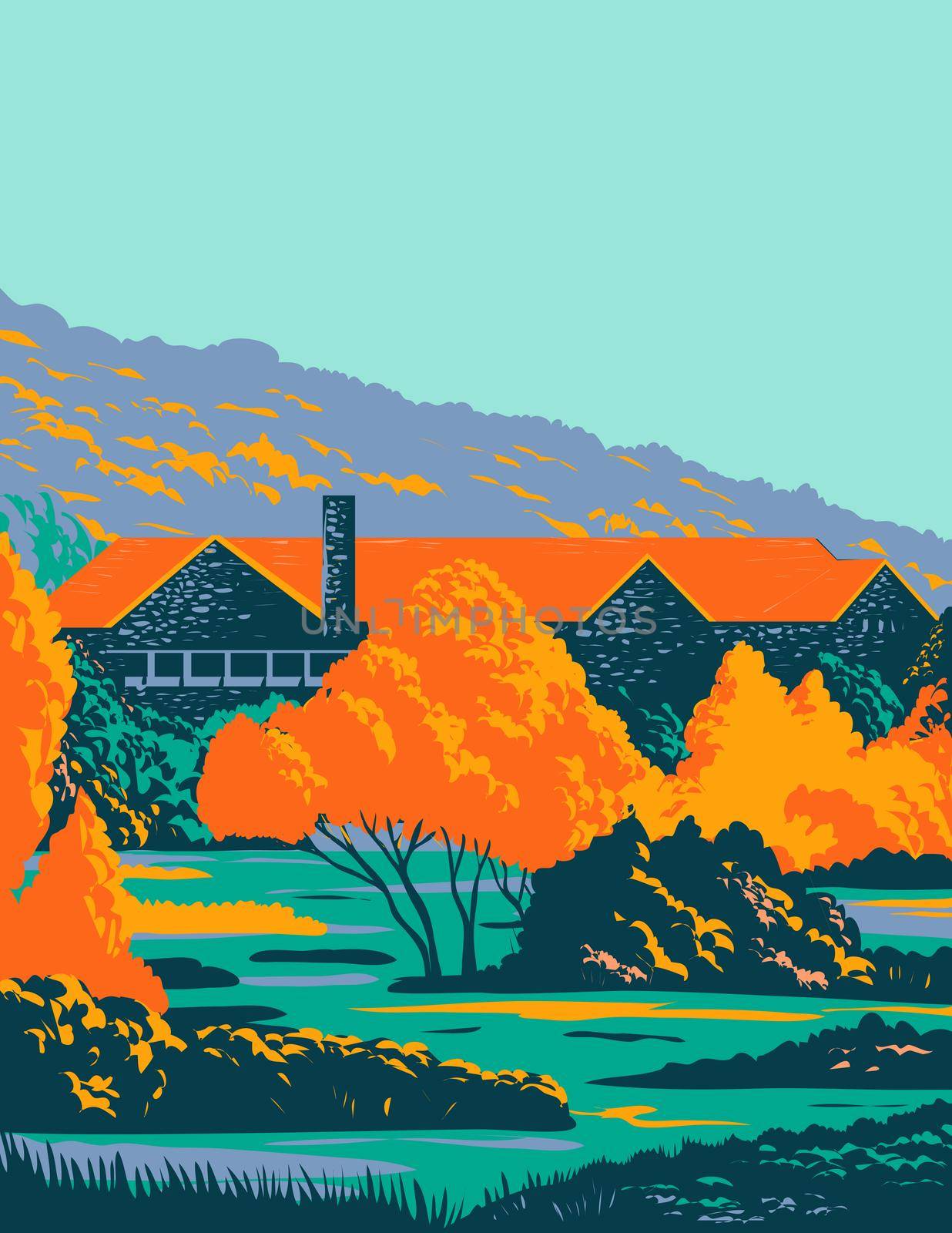 WPA poster art of the stone lodge with red roof and trees in front during fall or autumn done in works project administration or federal art project style.
