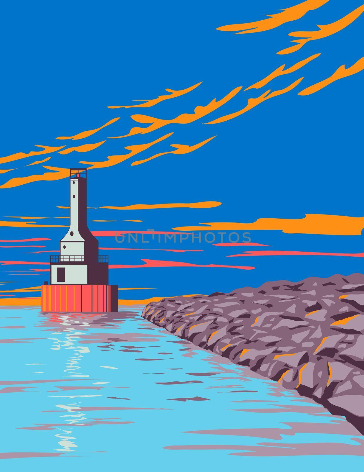 WPA poster art of a Lighthouse at FJ McLain State Park on the Keweenaw Peninsula in Houghton County, Michigan, United States of America USA done in works project administration style.