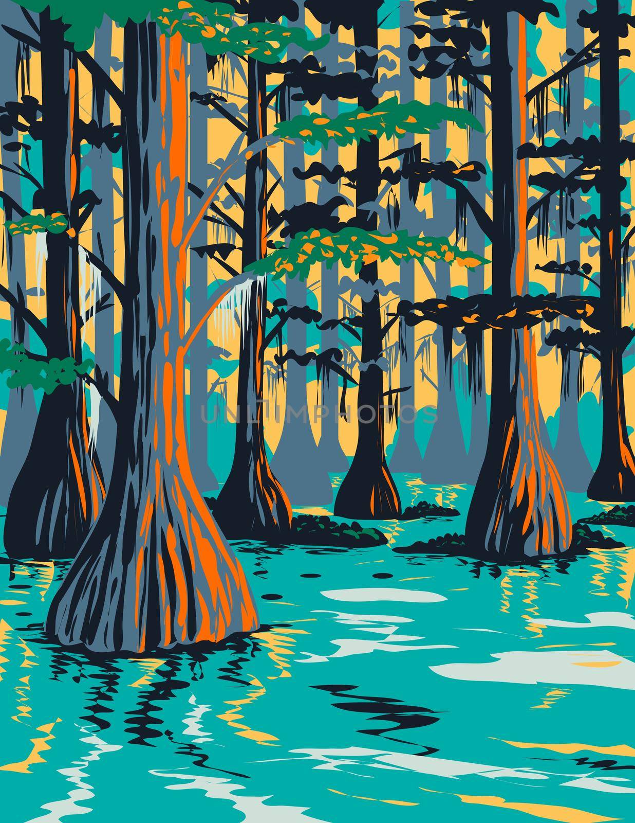 WPA poster art of Caddo Lake State Park with bald cypress trees on lake and bayou in Harrison and Marion County East Texas, United States of America USA done in works project administration style.
