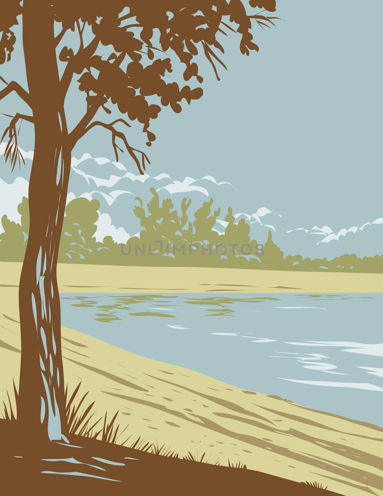 WPA poster art of Edness K. Wilkins State Park on the North Platte River located east of Casper in Natrona County, Wyoming, United States of America USA done in works project administration style.

