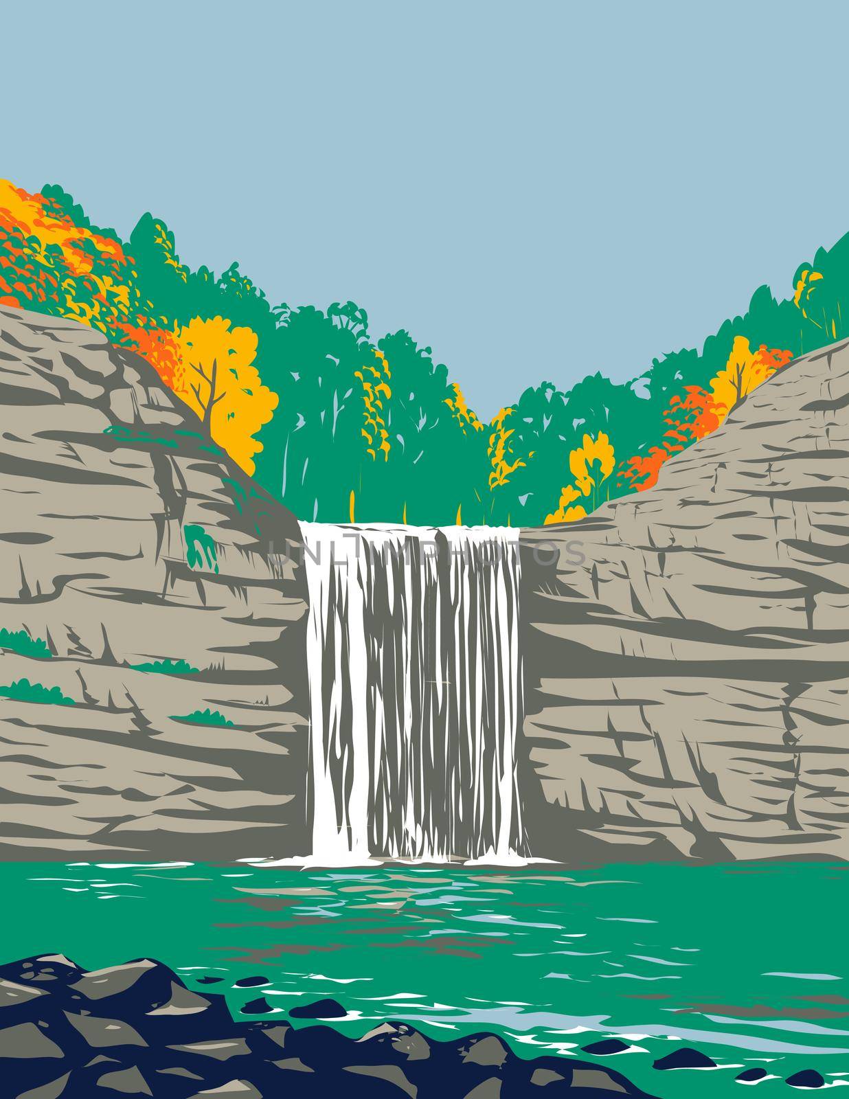 WPA poster art of Fall Creek Falls State Resort Park on the upper Cane Creek Gorge in Van Buren and Bledsoe counties Tennessee, United States of America USA done in works project administration style.
