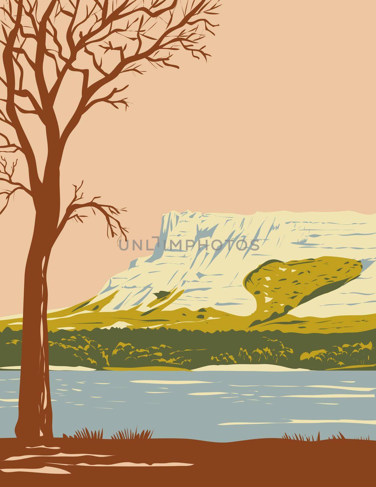 WPA poster art of Hawk Springs State Recreation Area with the bluffs Bear Mountain area in La Grange in Goshen County, Wyoming, United States of America USA done in works project administration style.
