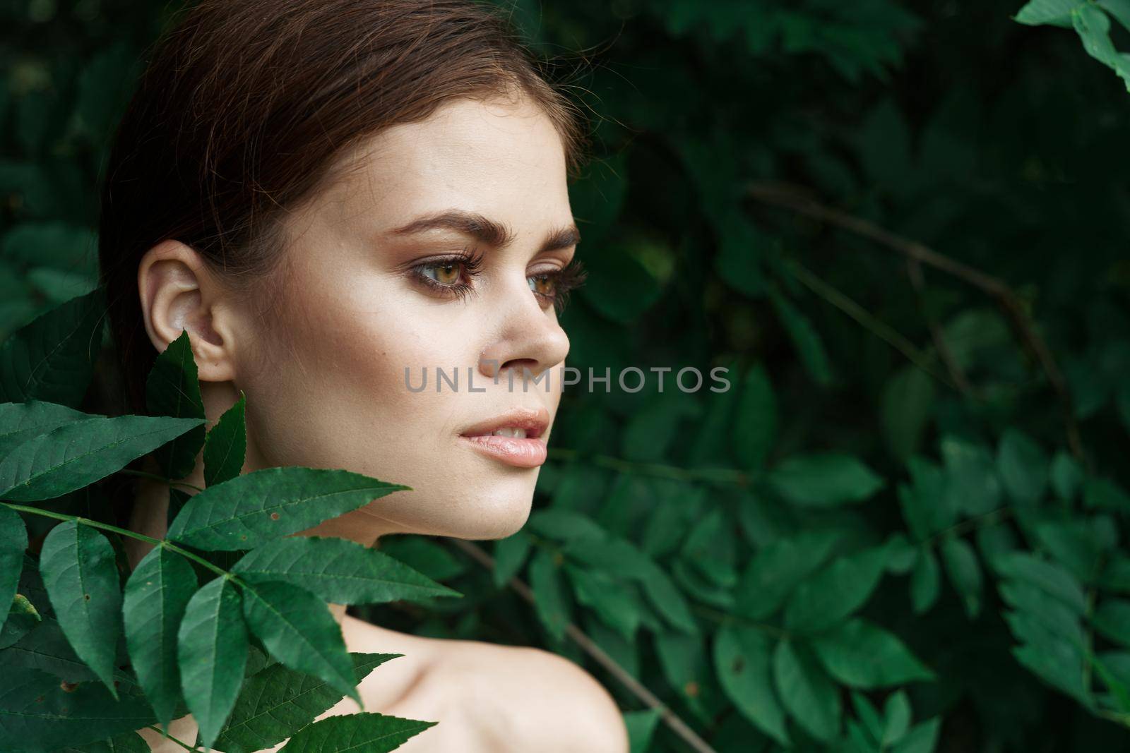 beautiful woman Cosmetology nature green leaves glamor model. High quality photo