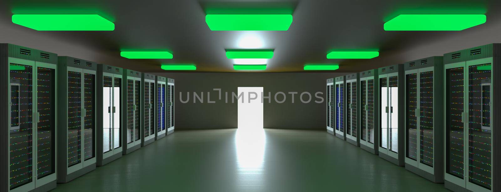 Servers. Servers room data center. Backup, mining, hosting, mainframe, farm and computer rack with storage information. 3d render by kwarkot