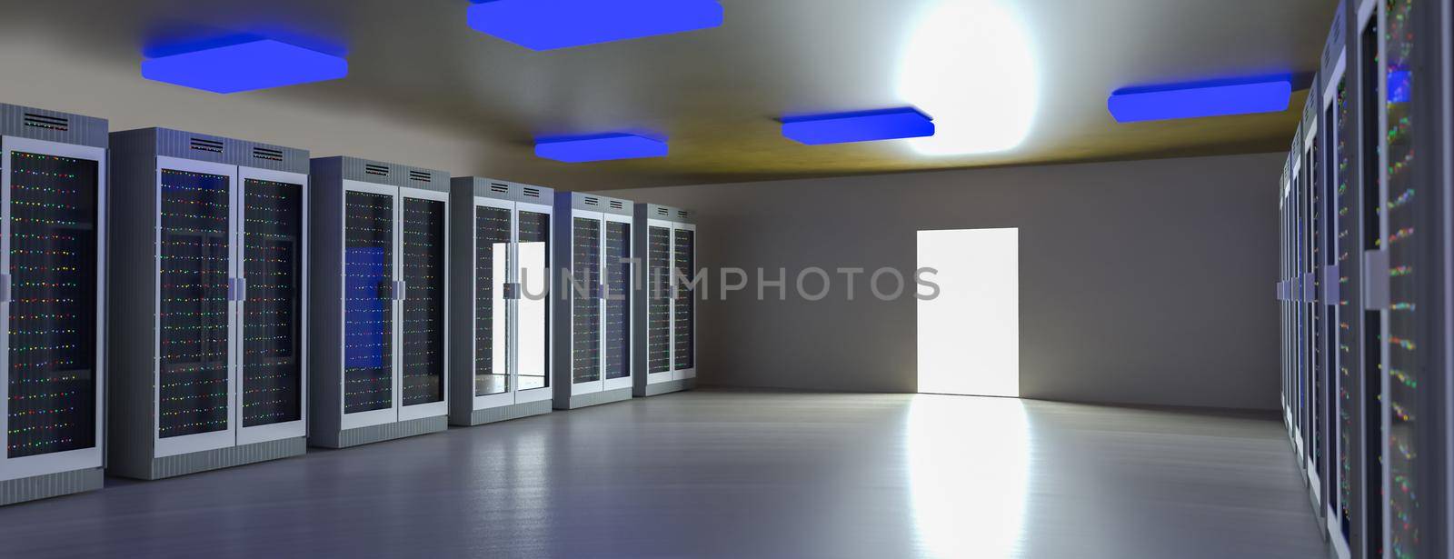 Server. Server racks in server room cloud data center. Datacenter hardware cluster. Backup, hosting, mainframe, mining, farm and computer rack with storage information. 3D rendering. 3D illustration