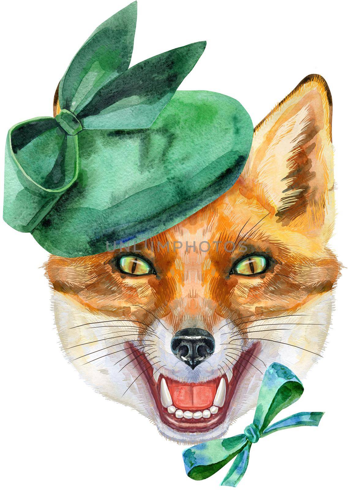Fox portrait in green hat. Watercolor orange fox painting illustration. Beautiful wildlife world