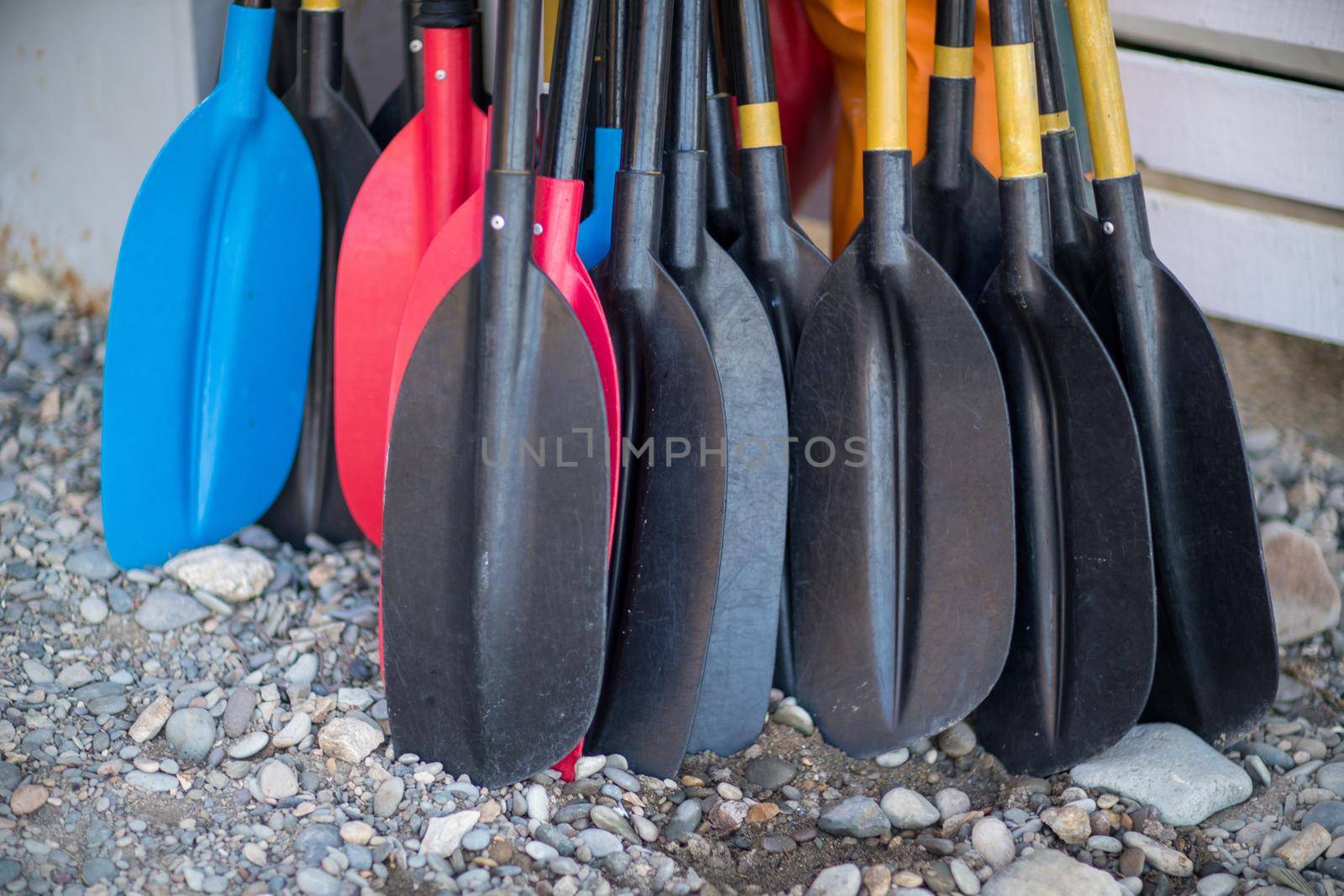 Colorful paddle kayaks stand near the wall. Active recreation concept. by Matiunina