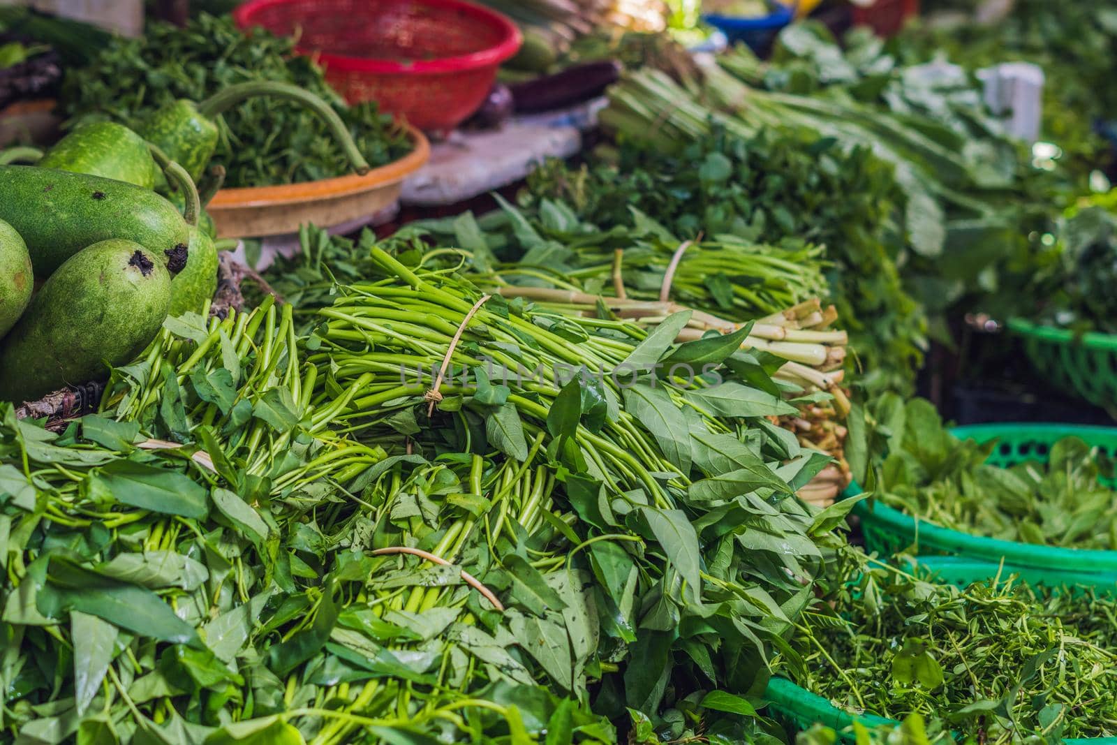 Greenery in the Vietnamese market. Asian cuisine concept.