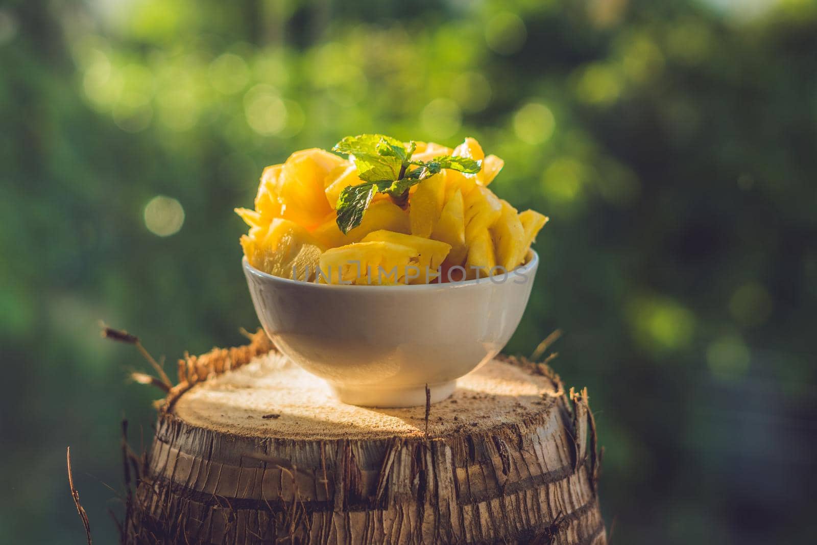 pieces of pineapple on a background of greenery by galitskaya