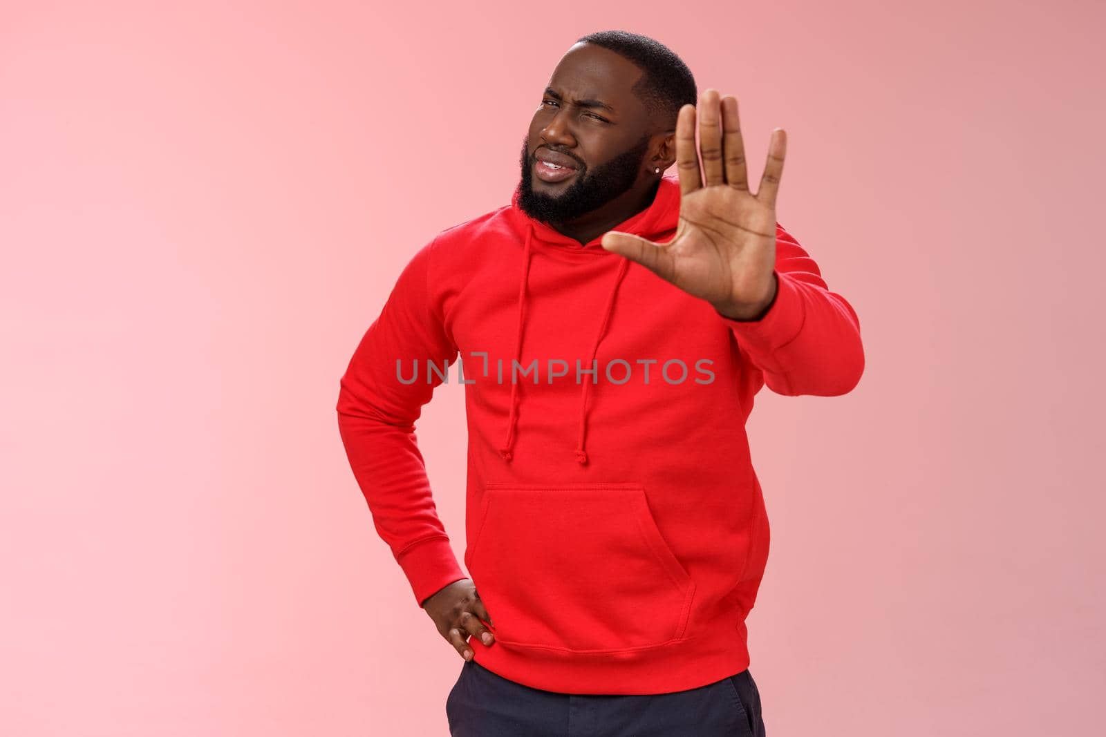 Hold on, stop right there. Portrait confused perplexed african american man cringing questioned raise hand enough shut up gesture arguing hear stupid nonsense, standing pink background by Benzoix