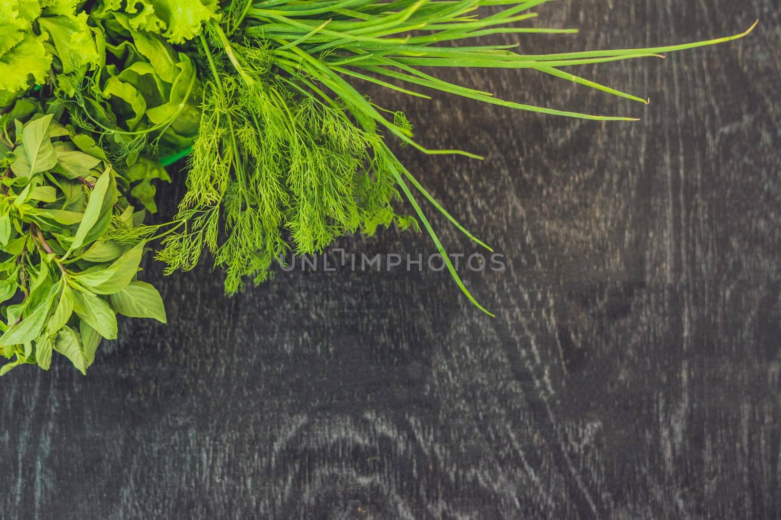 A variety of fresh organic herbs on an old wooden background by galitskaya