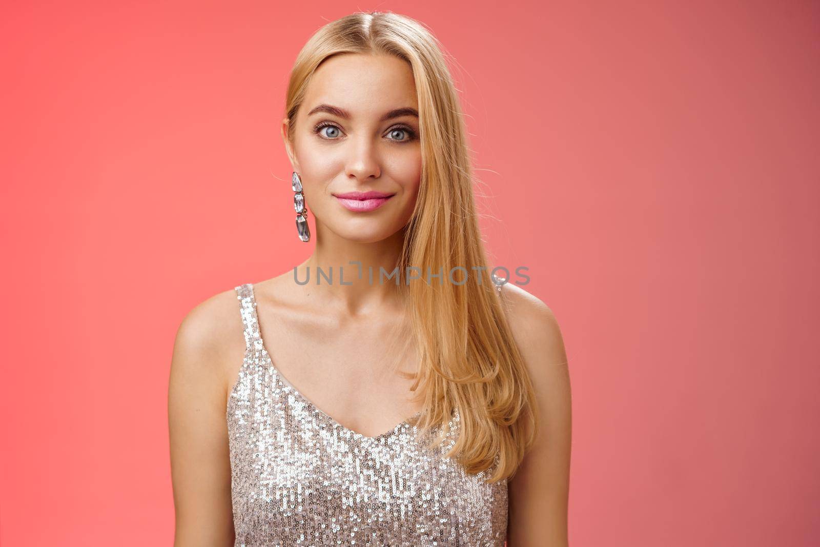 Waist-up friendly charming elegant blond girl long hairstyle in silver stylish dress smiling amused listening story chatting boyfriend eating-out romantic date have interesting conversation by Benzoix