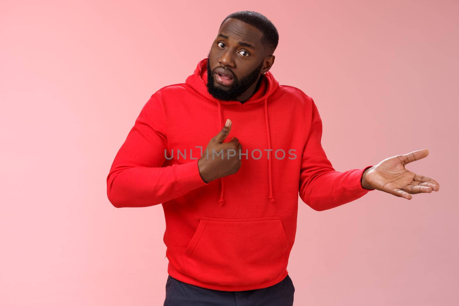 Guy asking why blame him. Portrait surprised wondered black bearded man cannot understand accusations raise hand dismay look wondered shocked pointing himself hurt cruel assumptions by Benzoix