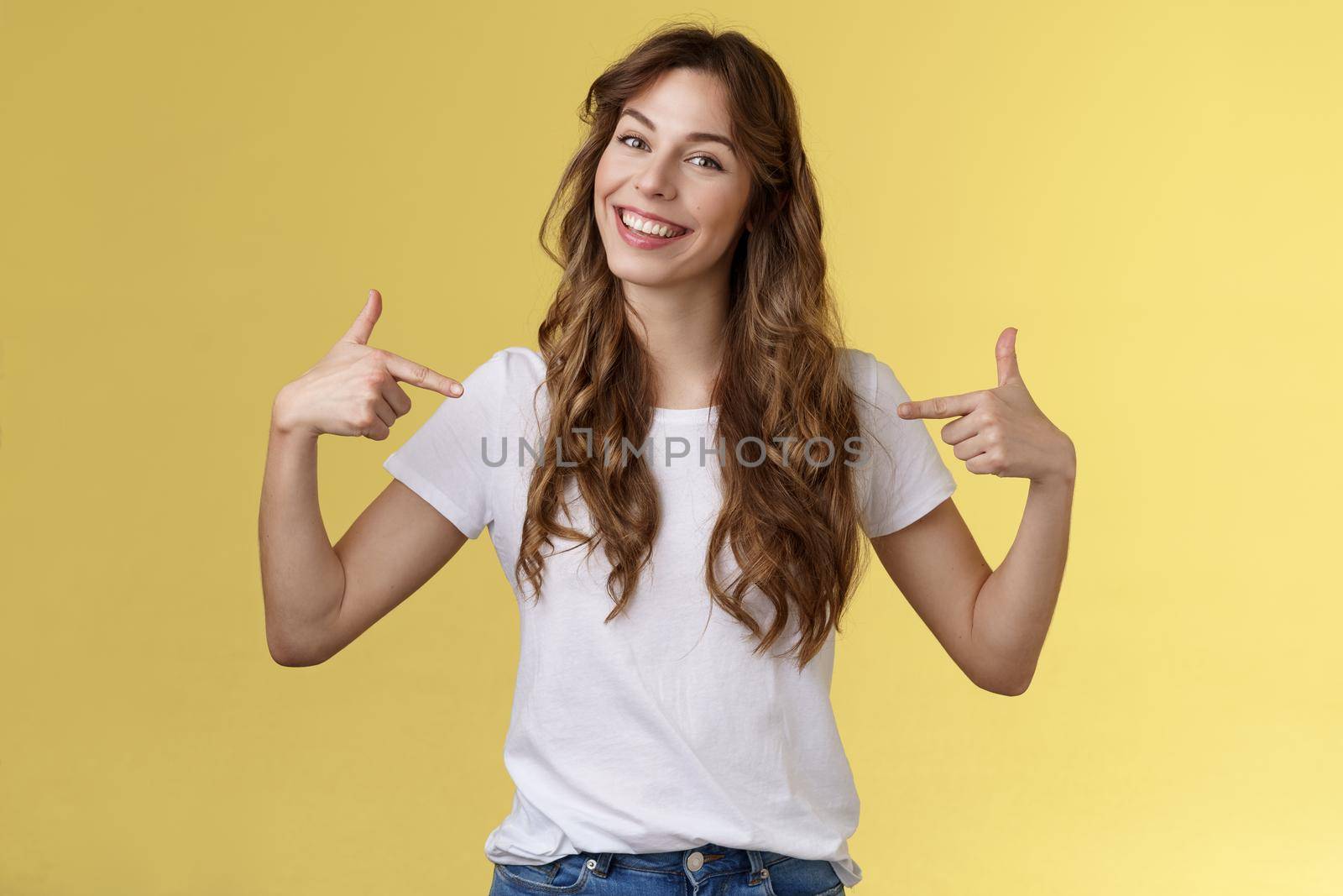 If you want professional its me. Sassy good-looking confident outgoing young woman introduce herself bragging own accomplishments pointing her chest smiling satisfied yellow background by Benzoix
