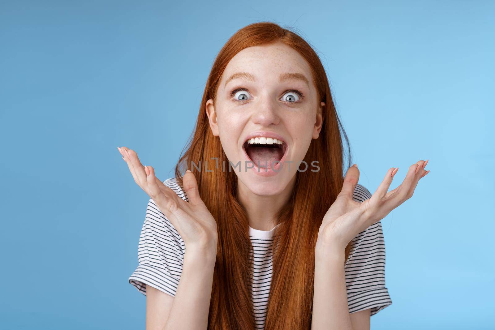 Excited overwhelmed young attractive female redhead fan go nuts thrilled wide eyes surprised yelling astonished receive exciting good news raise hands triumphing winning lottery extremely happy by Benzoix