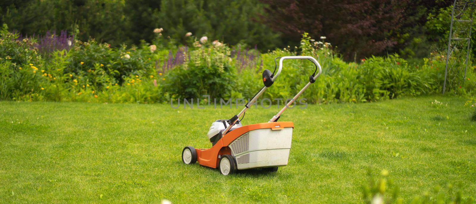 A lawnmower is at the beautiful green floral backyard lawn. by africapink