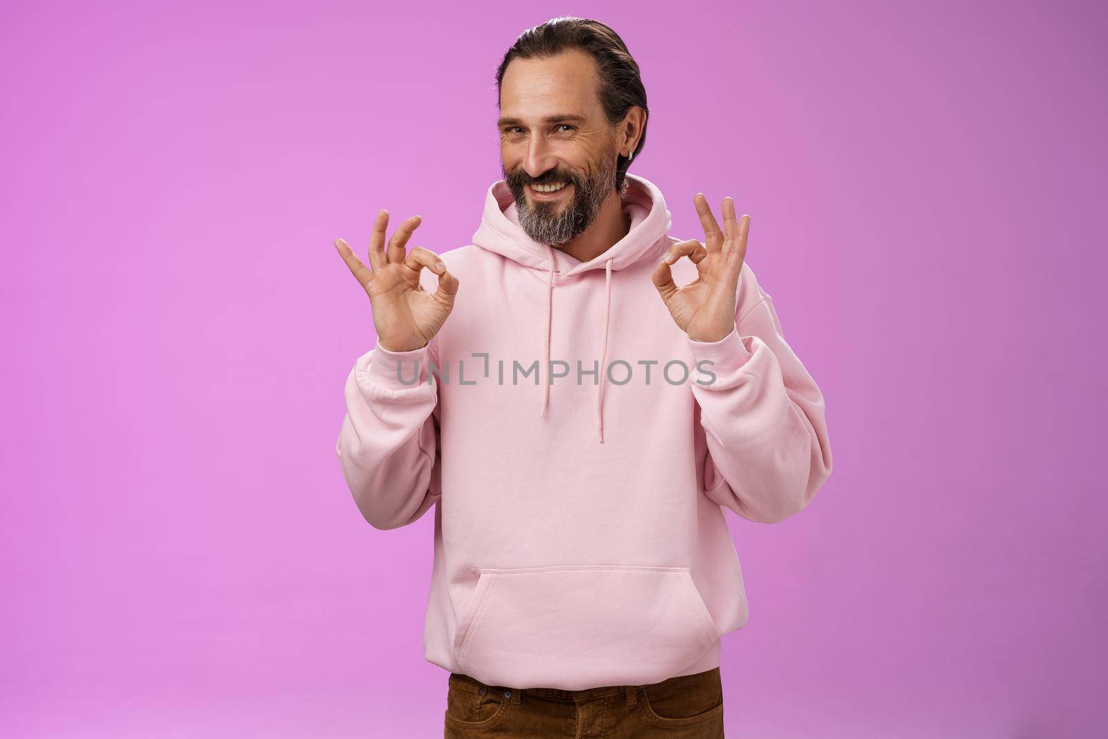 Devious tricky good-looking happy mature man 50s bearded grey hair show okay excellent perfection gesture smug smirking mysterious have everything under control, assuring all fine, purple background by Benzoix