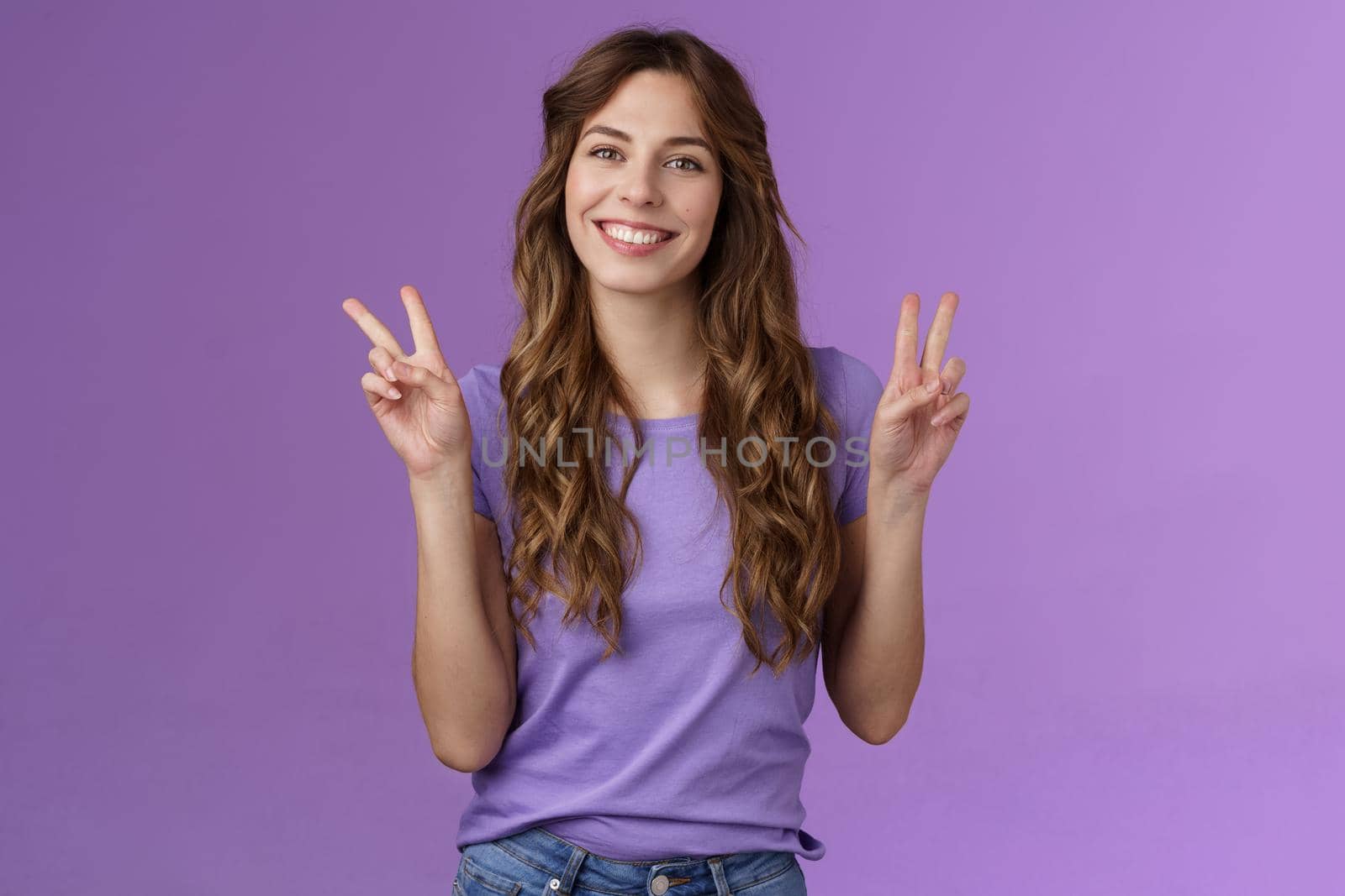 Peace friends. Relaxed friendly cute self-assured girl long curly hairstyle show victory sign smiling broadly cheering express positive optimistic attitude have fun enjoy summer purple background by Benzoix