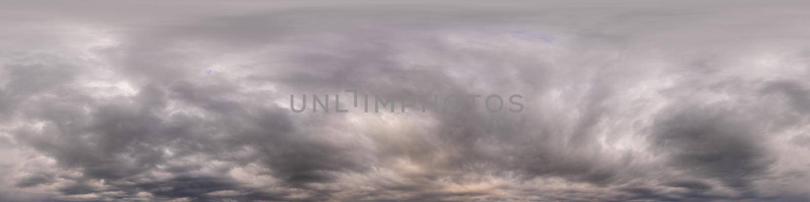 Overcast sky panorama on sunset with Cumulus clouds in Seamless spherical equirectangular format as full zenith for use in 3D graphics, game and aerial drone 360 degree panoramas for sky replacement